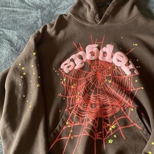 Brown Hoodie with Red Spider Web Design